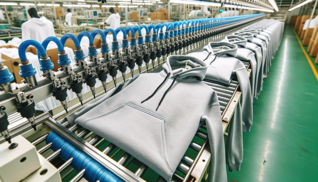 Close-up of hoodie production line in a factory, highlighting manufacturing quality.